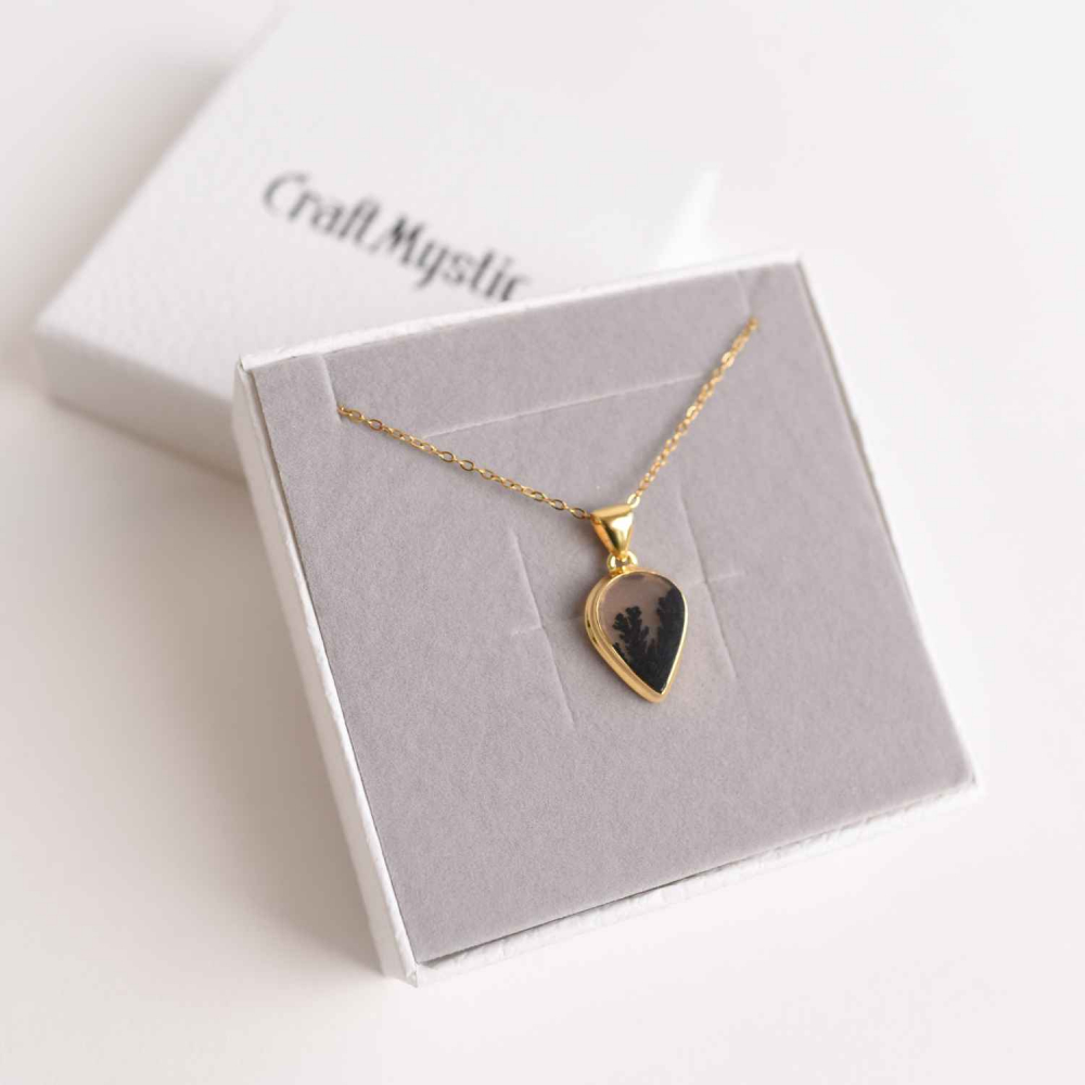 Colier lant inox cu pandantiv montura pe argint 925 placat cu aur 18k si Agat Scenic Dentritic - Claritate si echilibru emotional [6]