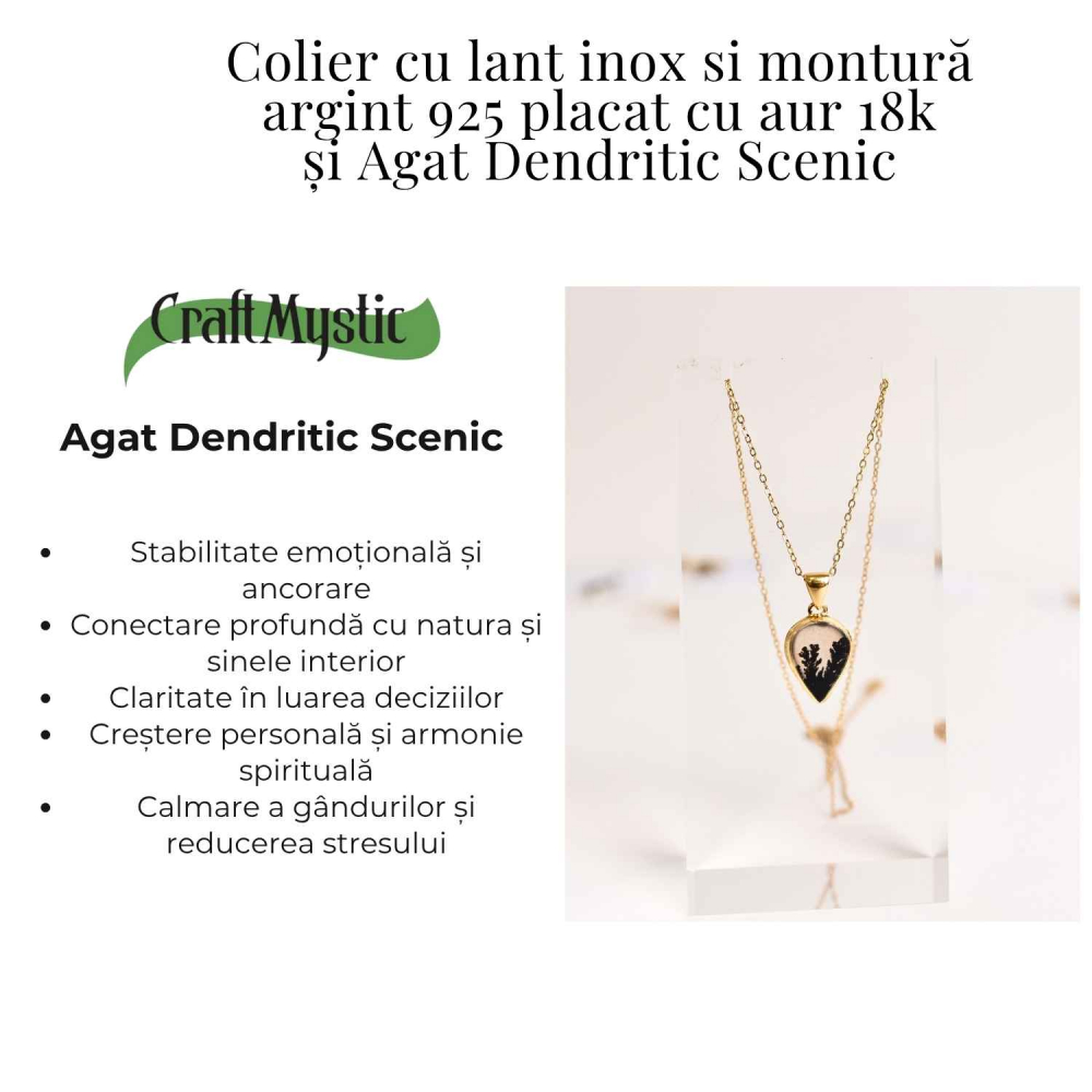 Colier lant inox cu pandantiv montura pe argint 925 placat cu aur 18k si Agat Scenic Dentritic - Claritate si echilibru emotional [2]
