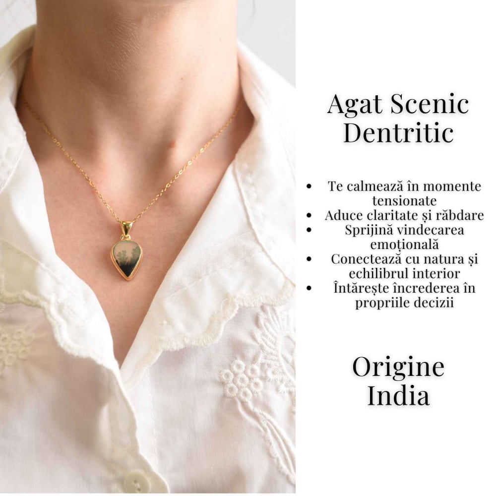 Colier lant inox cu pandantiv montura pe argint 925 placat cu aur 18k si Agat Scenic Dentritic - Claritate si echilibru emotional [5]