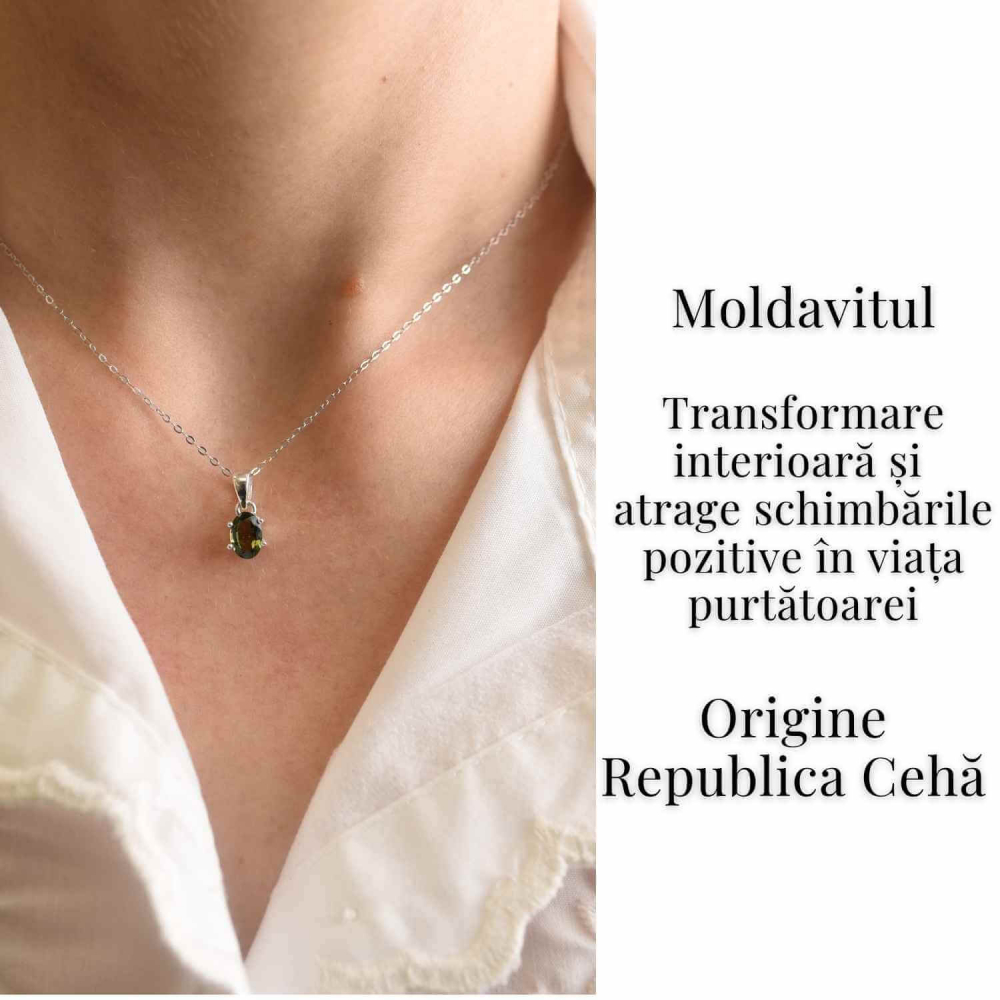 Colier argint 925 cu Moldavit natural fatetat Oval – Claritate interioara si constiinta superioara [2]