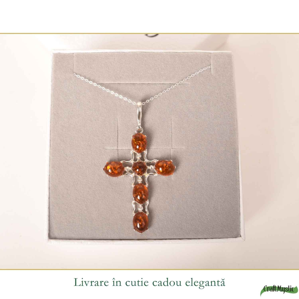 Colier argint 925 cu cruce din margele ovale si chihlimbar natural – Protectie si energie solara [6]