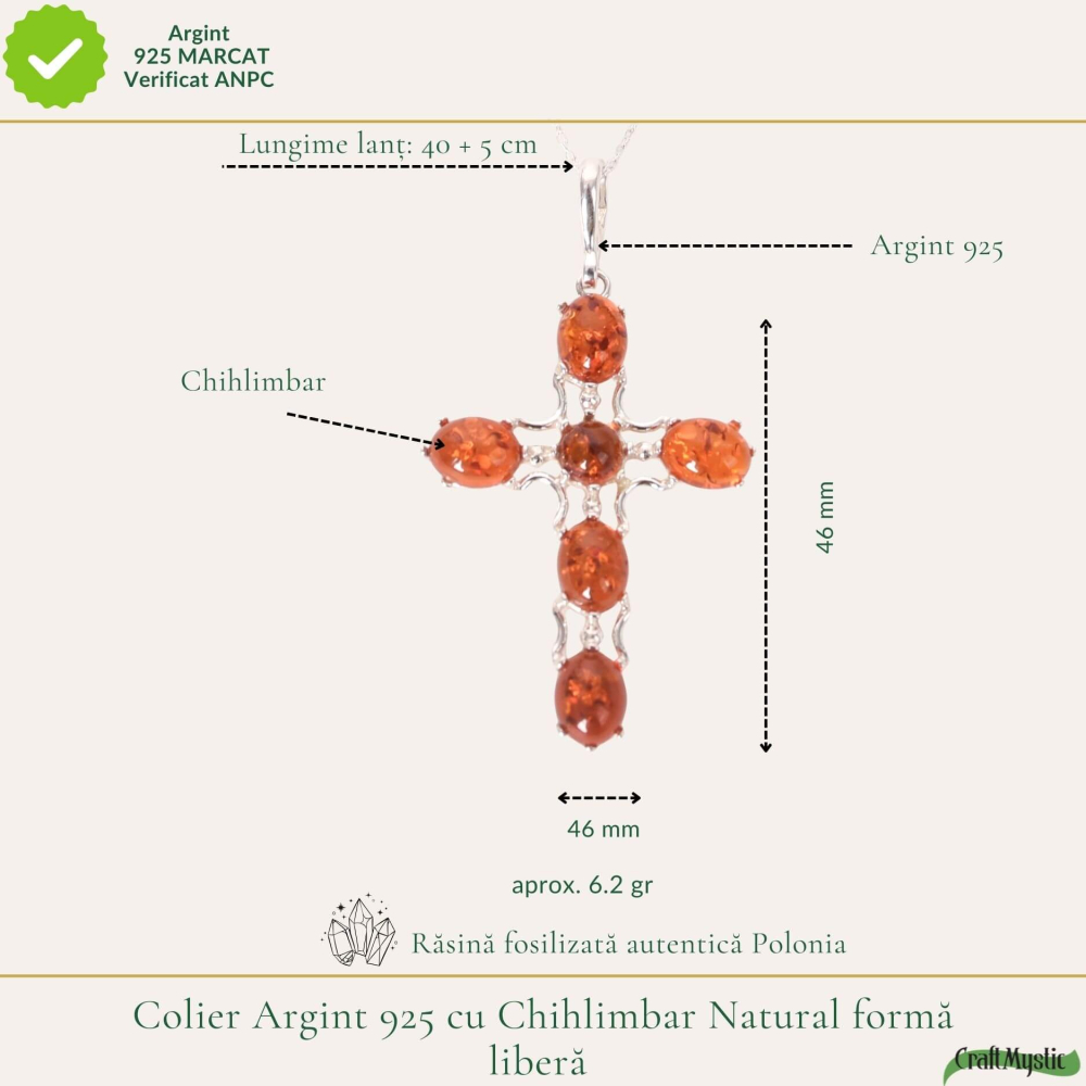 Colier argint 925 cu cruce din margele ovale si chihlimbar natural – Protectie si energie solara [4]
