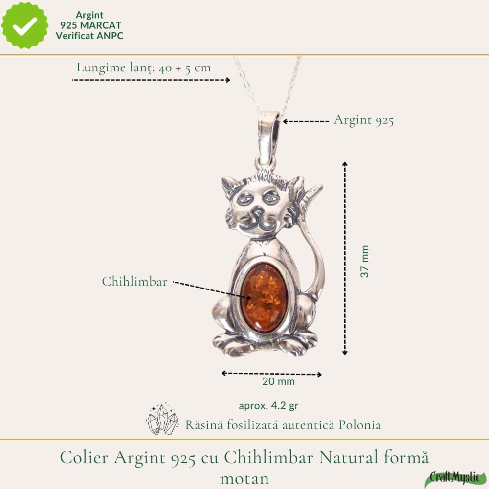 Colier argint 925 cu pisica si chihlimbar natural – Energie solara si protectie [4]