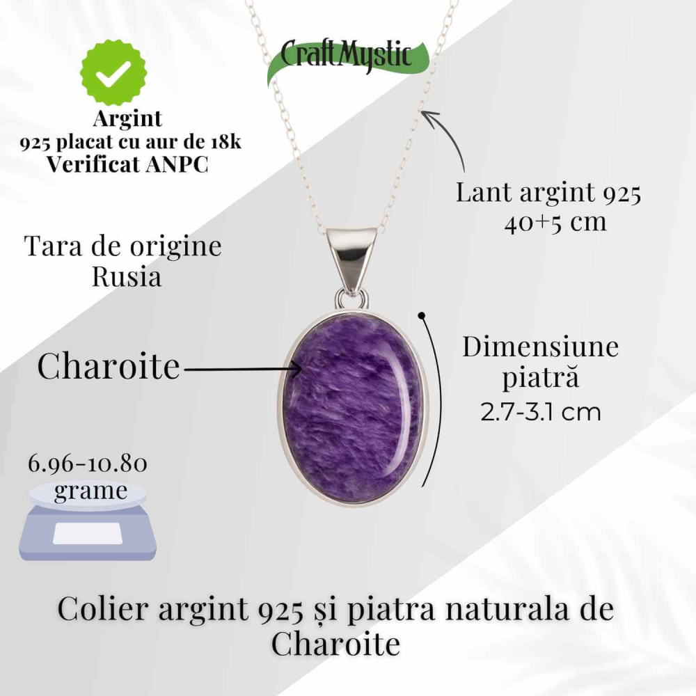 Colier Argint 925 cu Charoite Ovala – Transformare Spirituala si Curaj Interior [4]