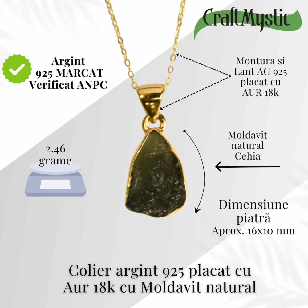 Colier argint 925 placat cu Aur 18k cu Moldavit natural – Transformare spirituala – 2.46 g [3]