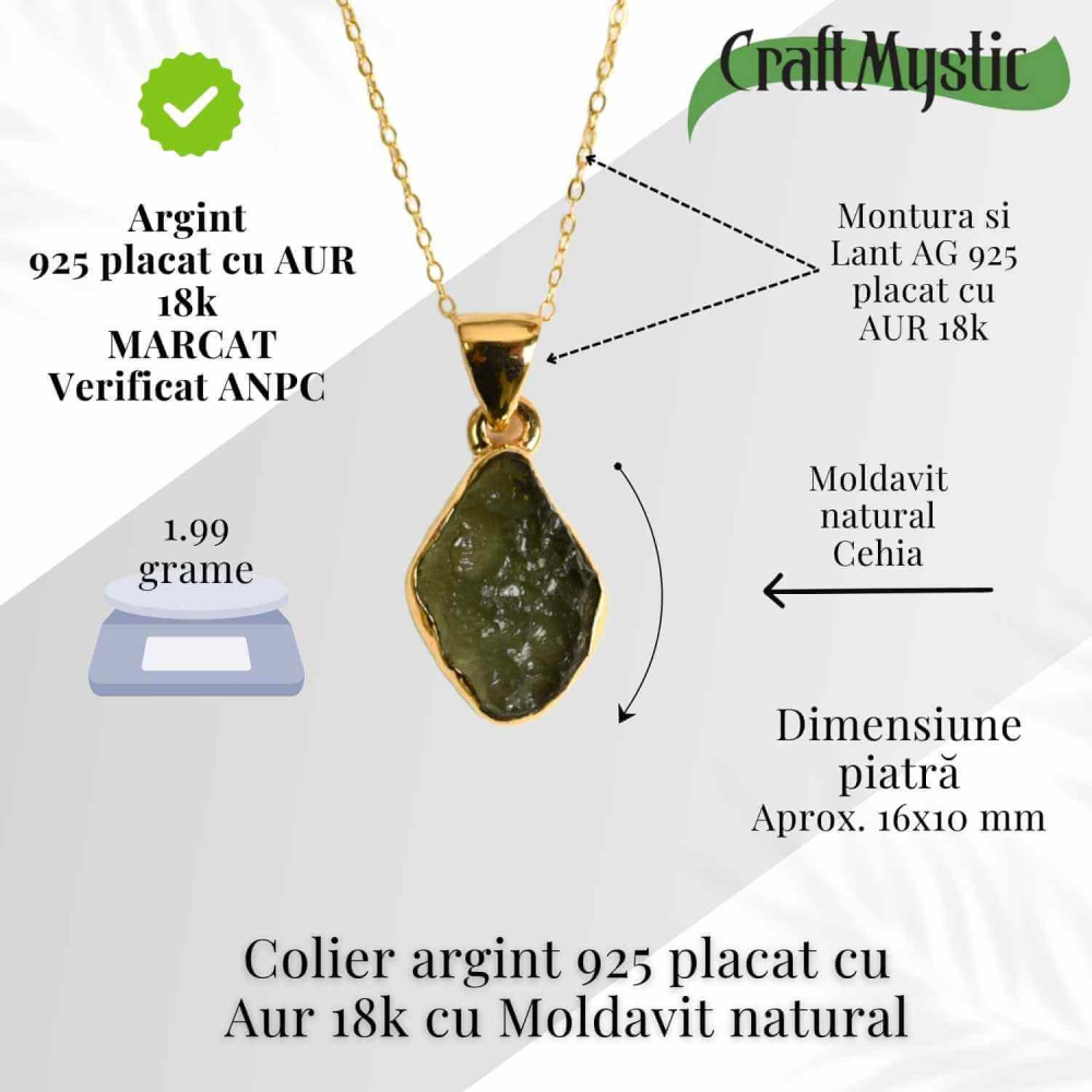 Colier Argint 925 placat aur 18k cu Moldavit natural brut 1.99 g – talisman de transformare [3]