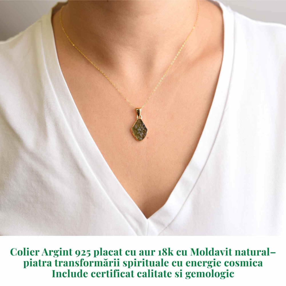 Colier Argint 925 placat aur 18k cu Moldavit natural brut 1.99 g – talisman de transformare [2]