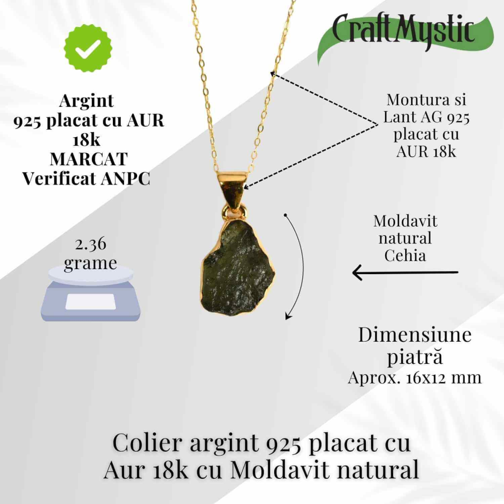 Colier Argint 925 placat aur 18k cu Moldavit natural brut 2.36 g – talisman de transformare [3]