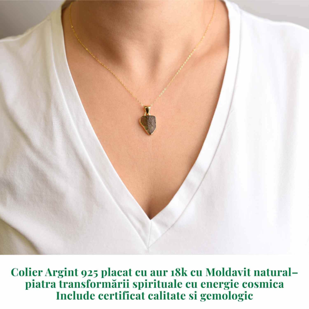 Colier Argint 925 placat aur 18k cu Moldavit natural brut 1.93 g – talisman de transformare [2]