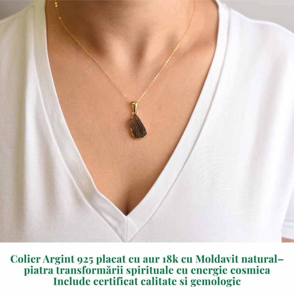 Colier Argint 925 placat aur 18k cu Moldavit natural brut 2.51 g – accelereaza transformarea personala [2]