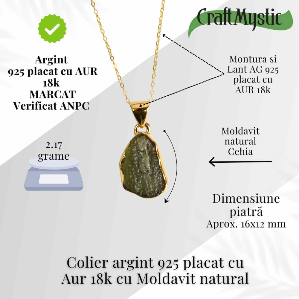 Colier argint 925 placat aur 18k cu Moldavit natural 2.17 g – Accelereaza transformarea personala [3]