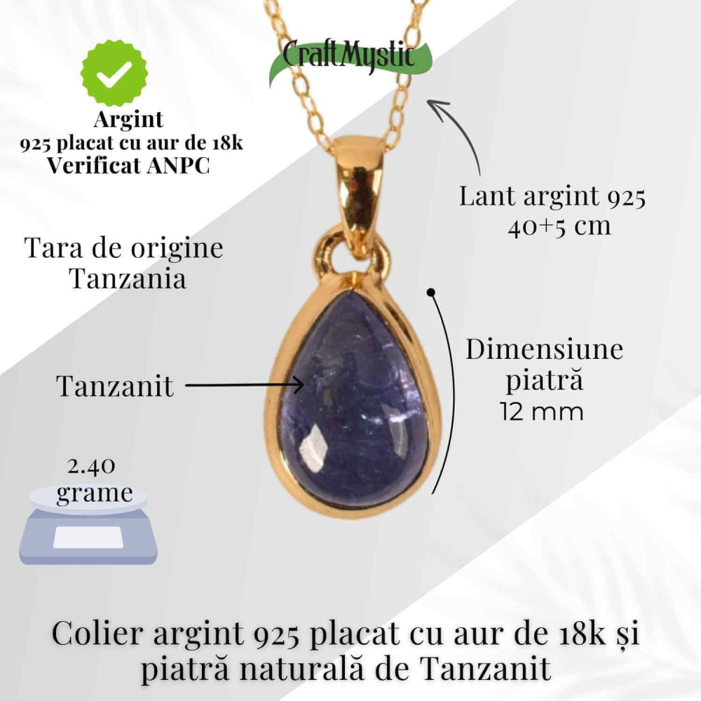 Colier Argint 925 placat cu Aur 18K si Tanzanit Lacrima – Claritate si Renastere Spirituala [4]