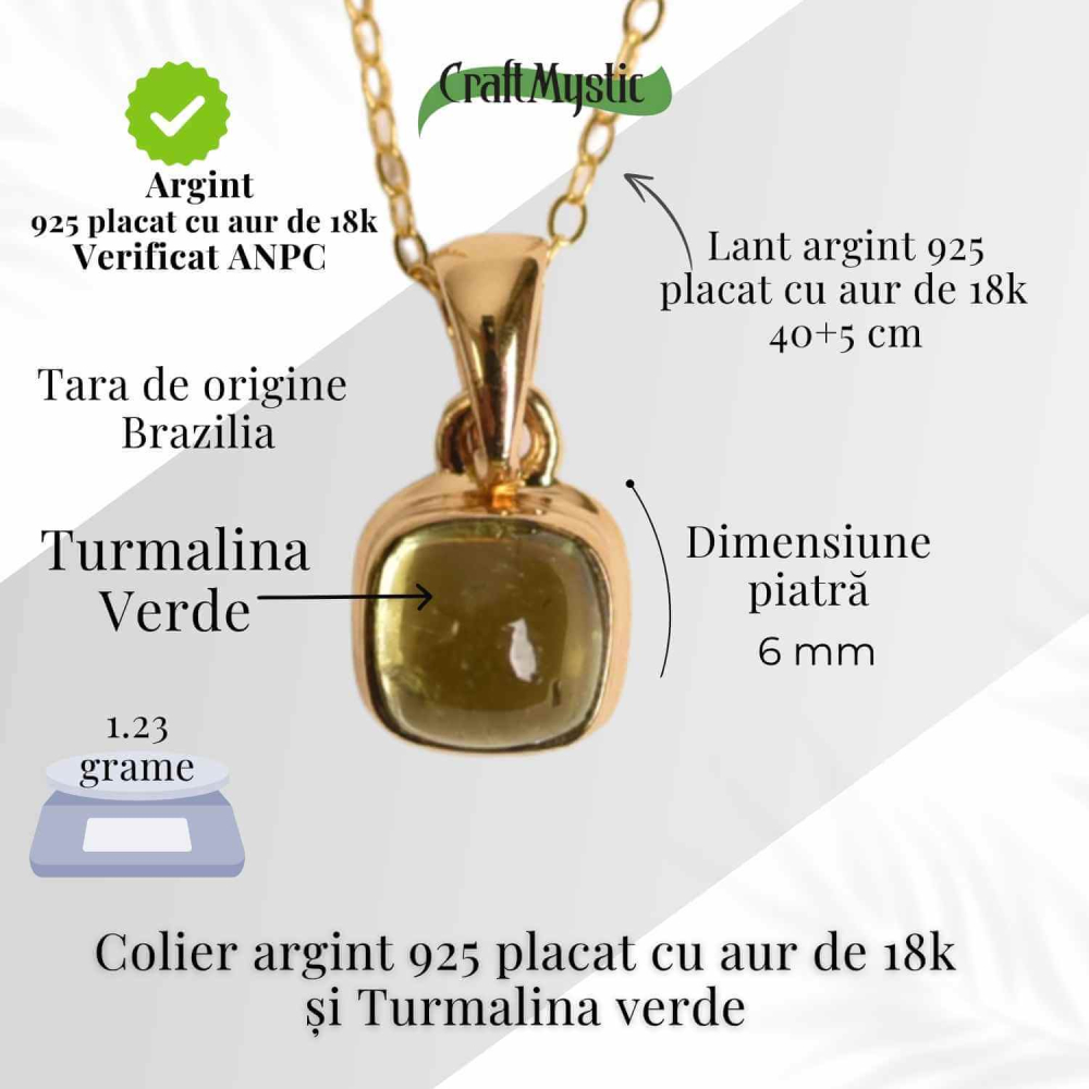 Colier Argint 925 Placat cu Aur 18K si Turmalina Verde Naturala – Echilibru, Vindecare si Energie a Vietii [5]