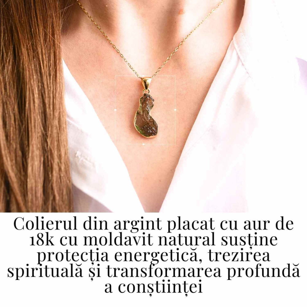 Colier cu lant de inox aurit si pandantiv montura argint 925, placat cu aur 18 k si Moldavit natural, 2.82 gr – Echilibru si trezire spirituala [2]