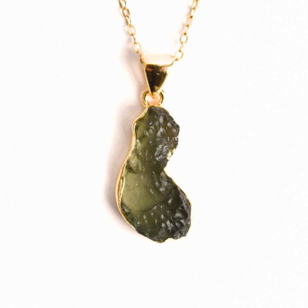 Colier cu lant de inox aurit si pandantiv montura argint 925, placat cu aur 18 k si Moldavit natural, 2.82 gr ,   Echilibru si trezire spirituala