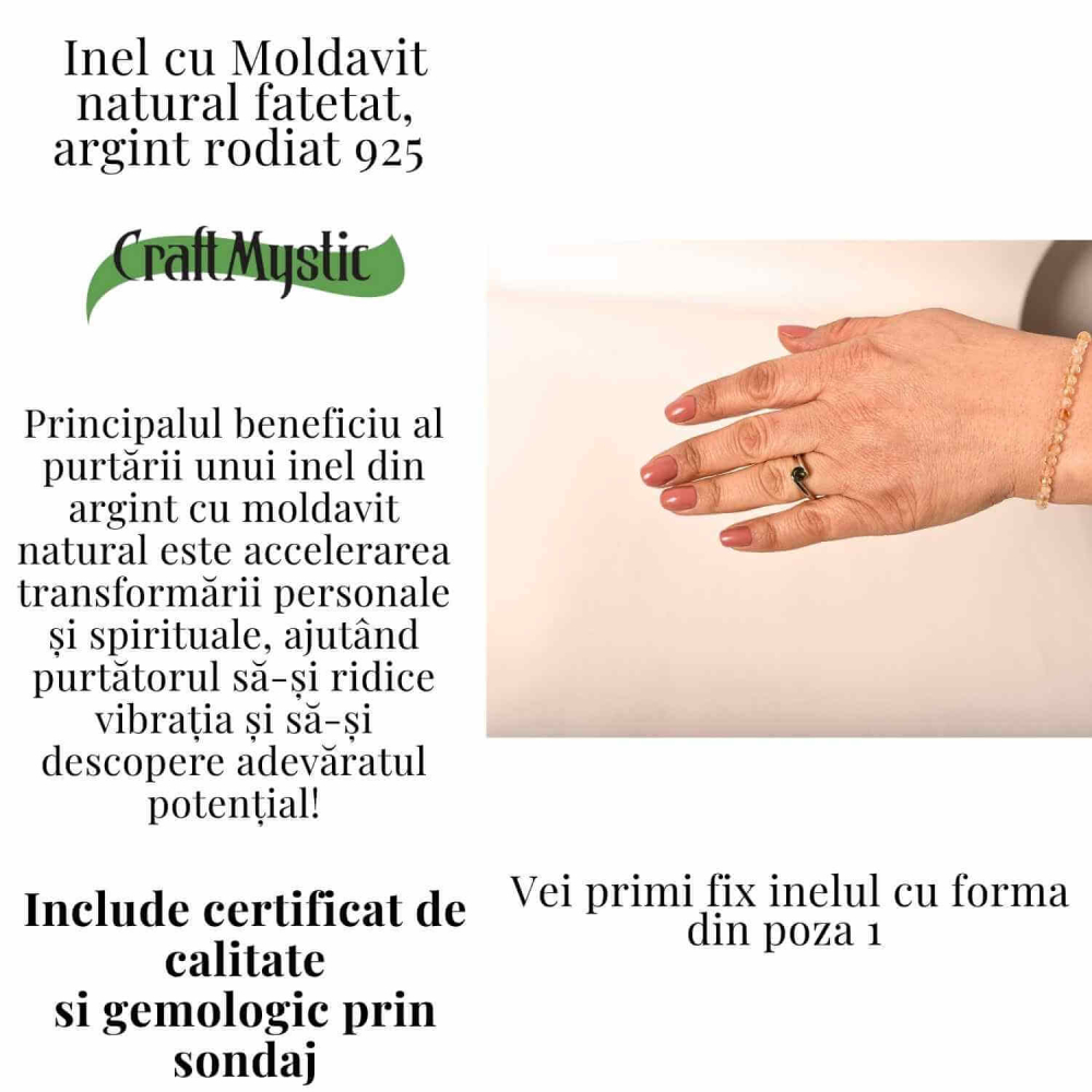 Inel minimalist din Argint 925 rodiat cu Moldavit natural fatetat – claritate, protectie si evolutie interioara [5]