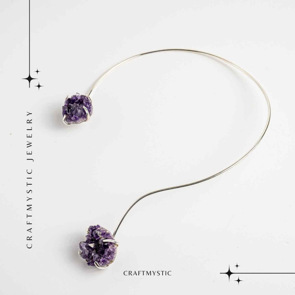 Colier Choker Argintiu cu Piatra Naturala Ametist Druzy - Protecte si Energie Positiva [8]