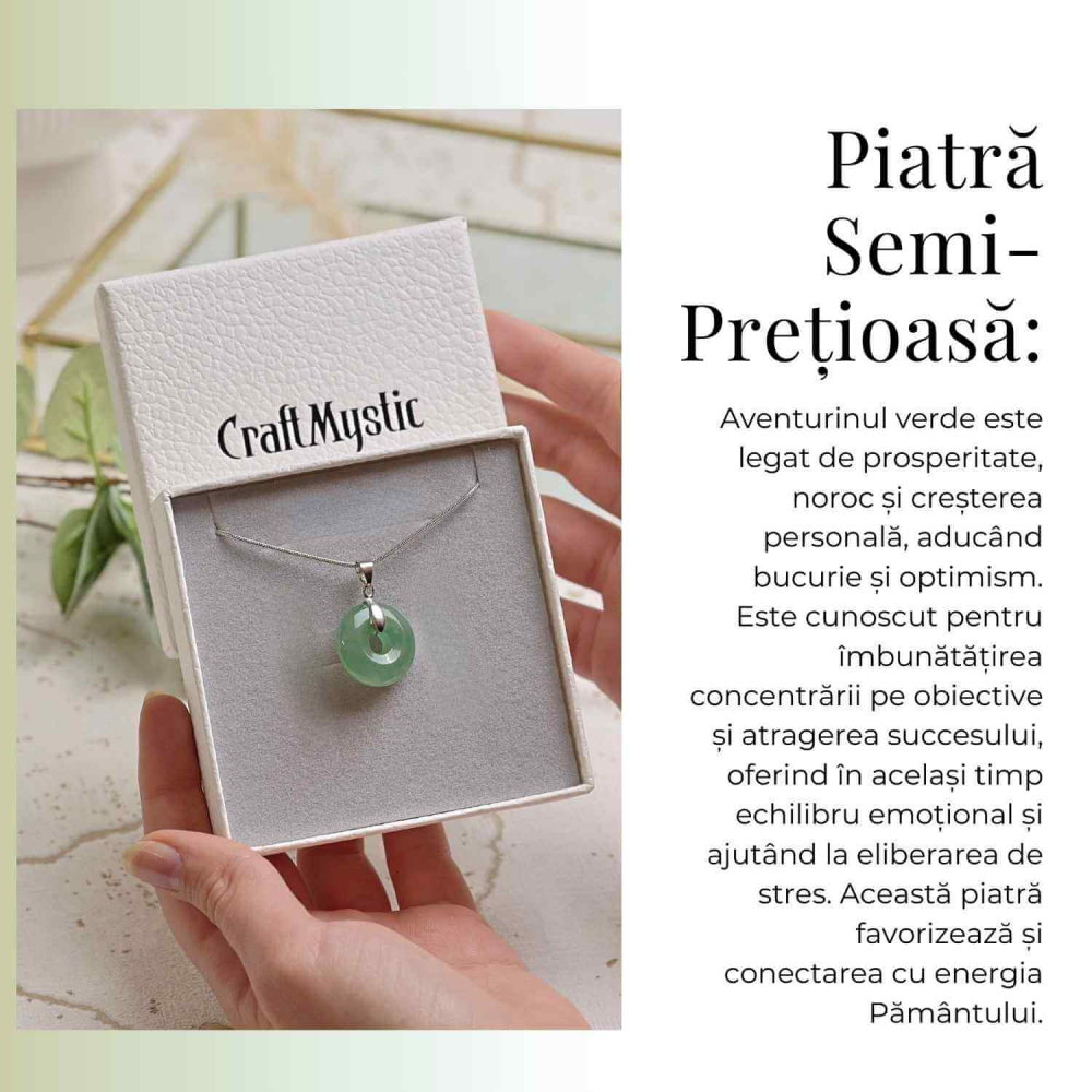 Colier Argintiu cu Aventurin Verde Forma Pi - Echilibru și Prosperitate, Lungime Totala 50 cm, Diametru Pandantiv 20 mm [6]