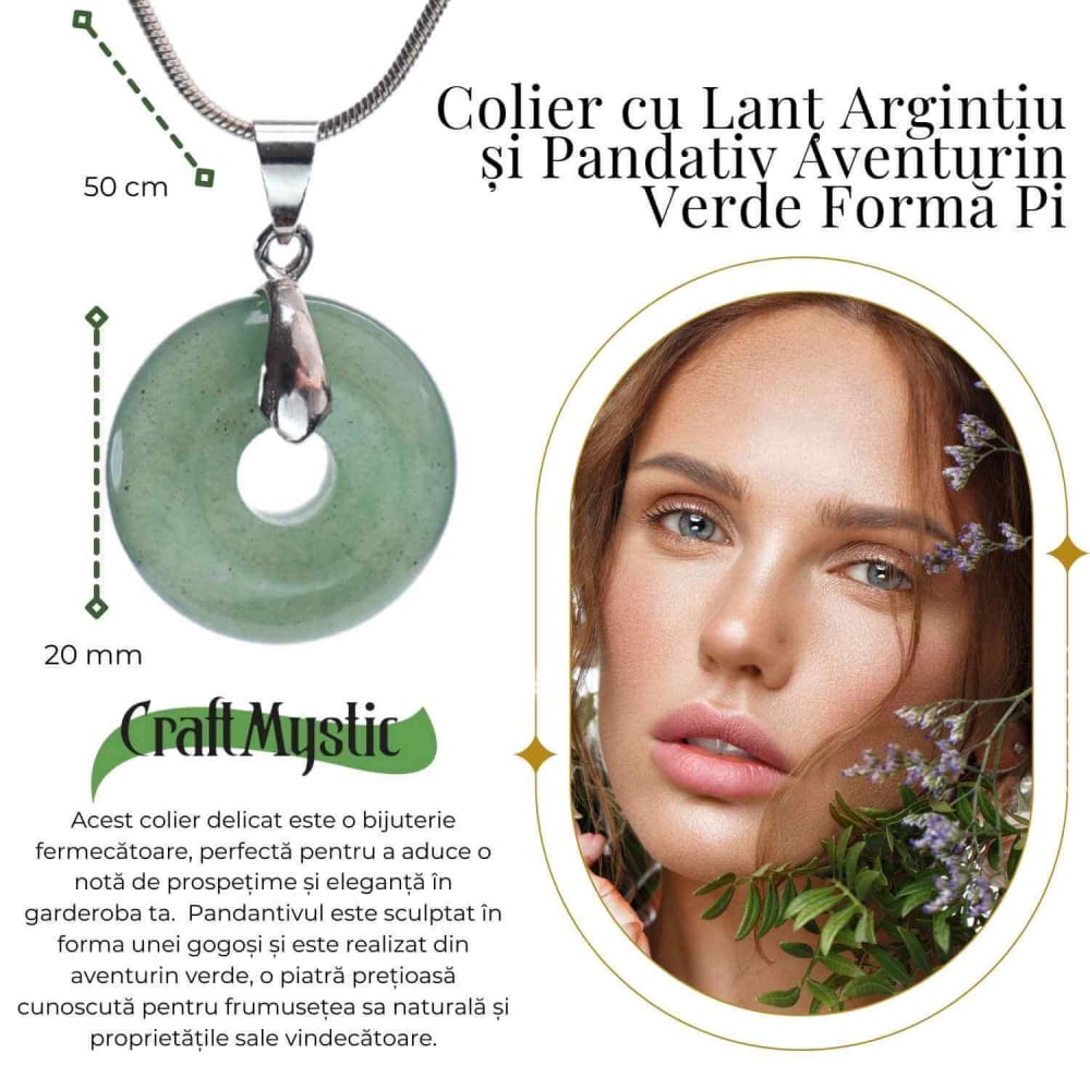 Colier Argintiu cu Aventurin Verde Forma Pi - Echilibru și Prosperitate, Lungime Totala 50 cm, Diametru Pandantiv 20 mm [2]