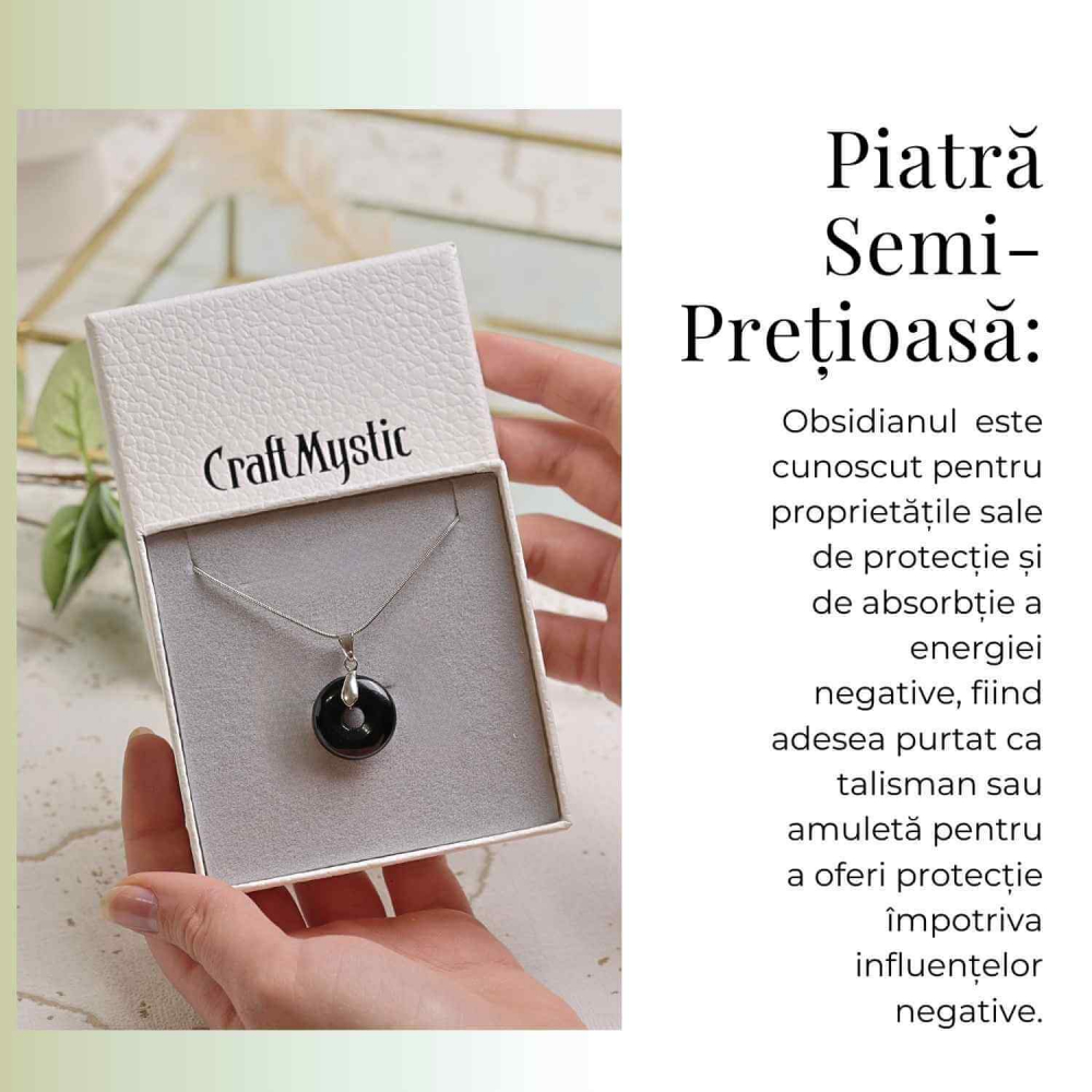 Colier Argintiu cu Obsidian Forma Pi - Protectie si Echilibru, Lungime Totala 50 cm, Diametru Pandantiv 20 mm [6]
