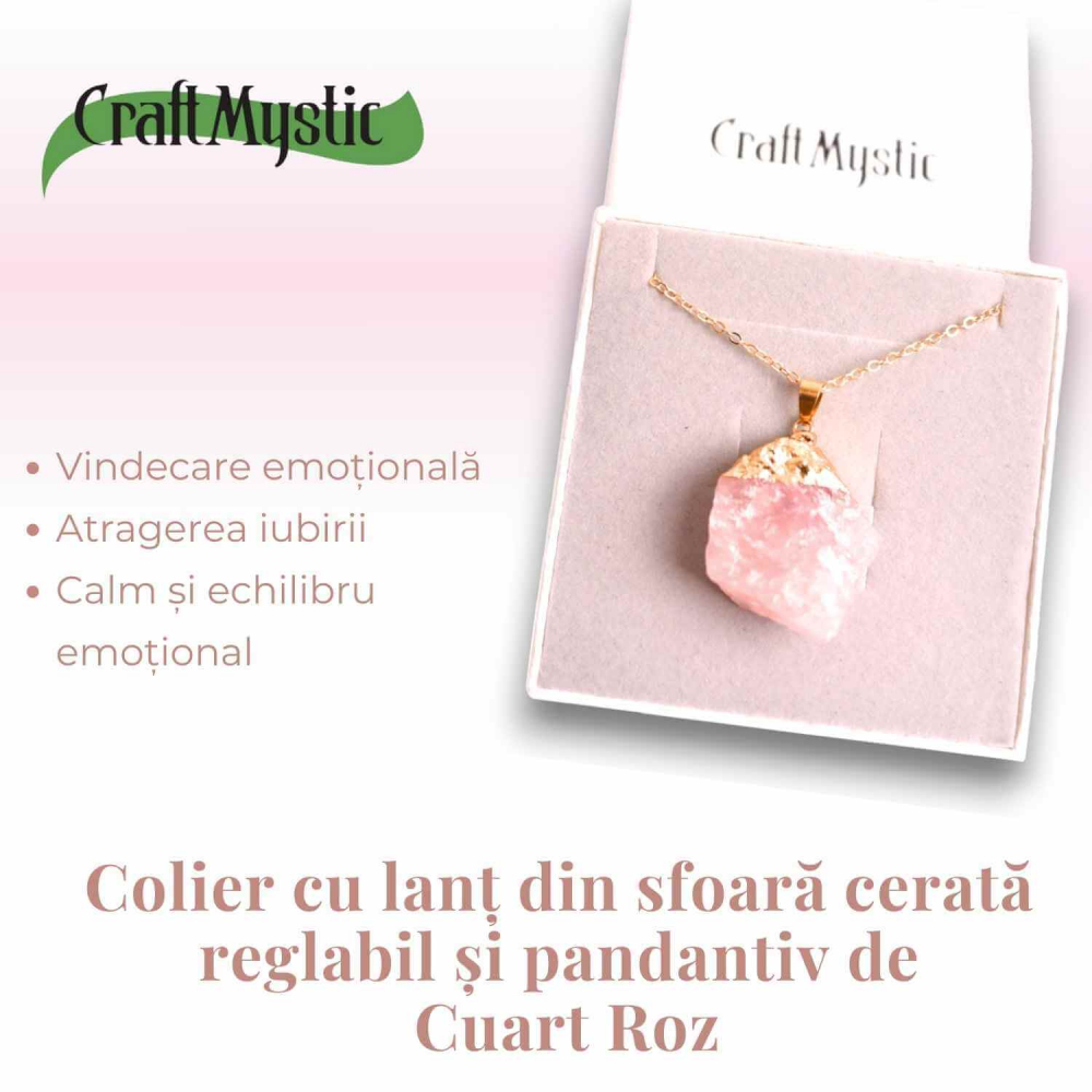 Colier auriu ajustabil cu pandantiv din Cuart Roz brut – Vindecare și Iubire [3]