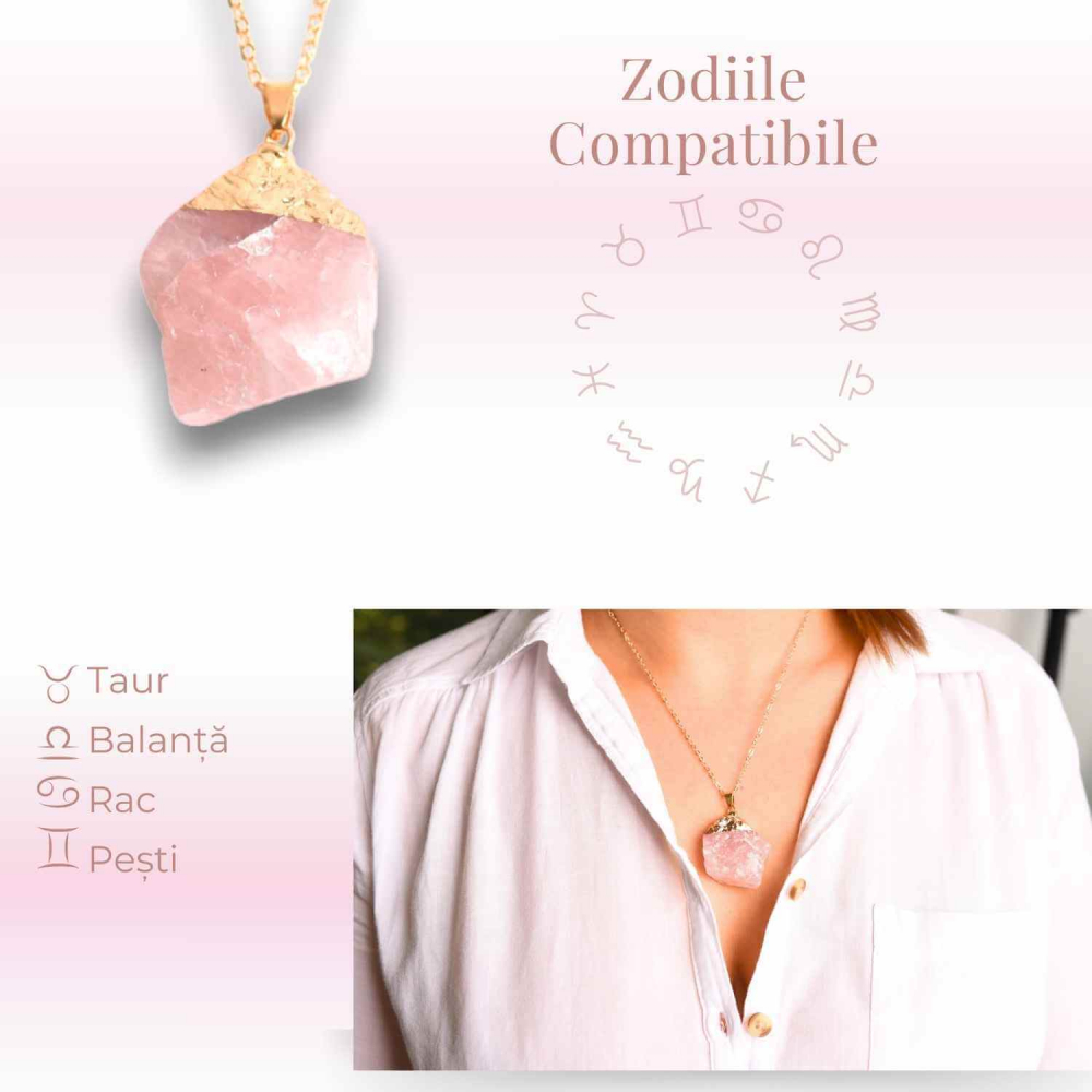 Colier auriu ajustabil cu pandantiv din Cuart Roz brut – Vindecare și Iubire [4]