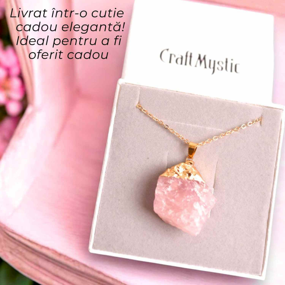 Colier auriu ajustabil cu pandantiv din Cuart Roz brut – Vindecare și Iubire [7]