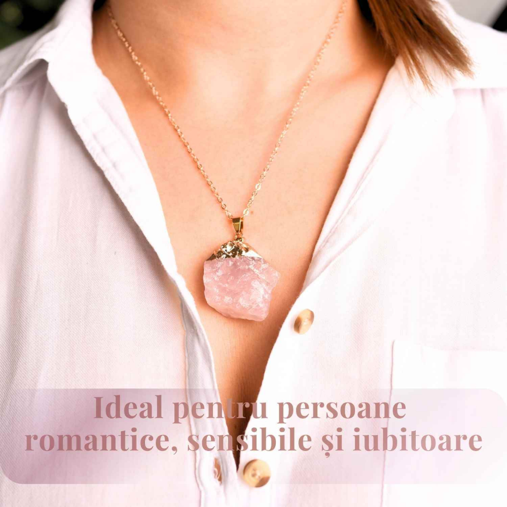 Colier auriu ajustabil cu pandantiv din Cuart Roz brut – Vindecare și Iubire [2]
