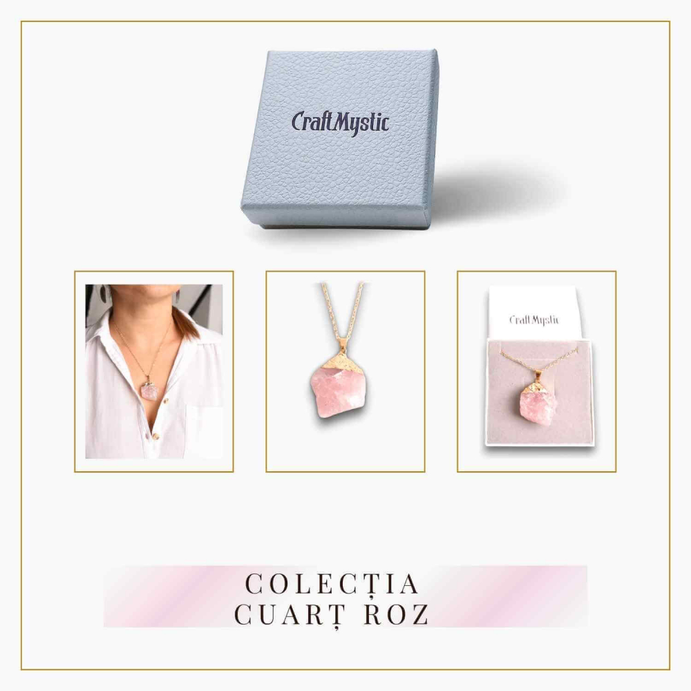 Colier auriu ajustabil cu pandantiv din Cuart Roz brut – Vindecare și Iubire [6]
