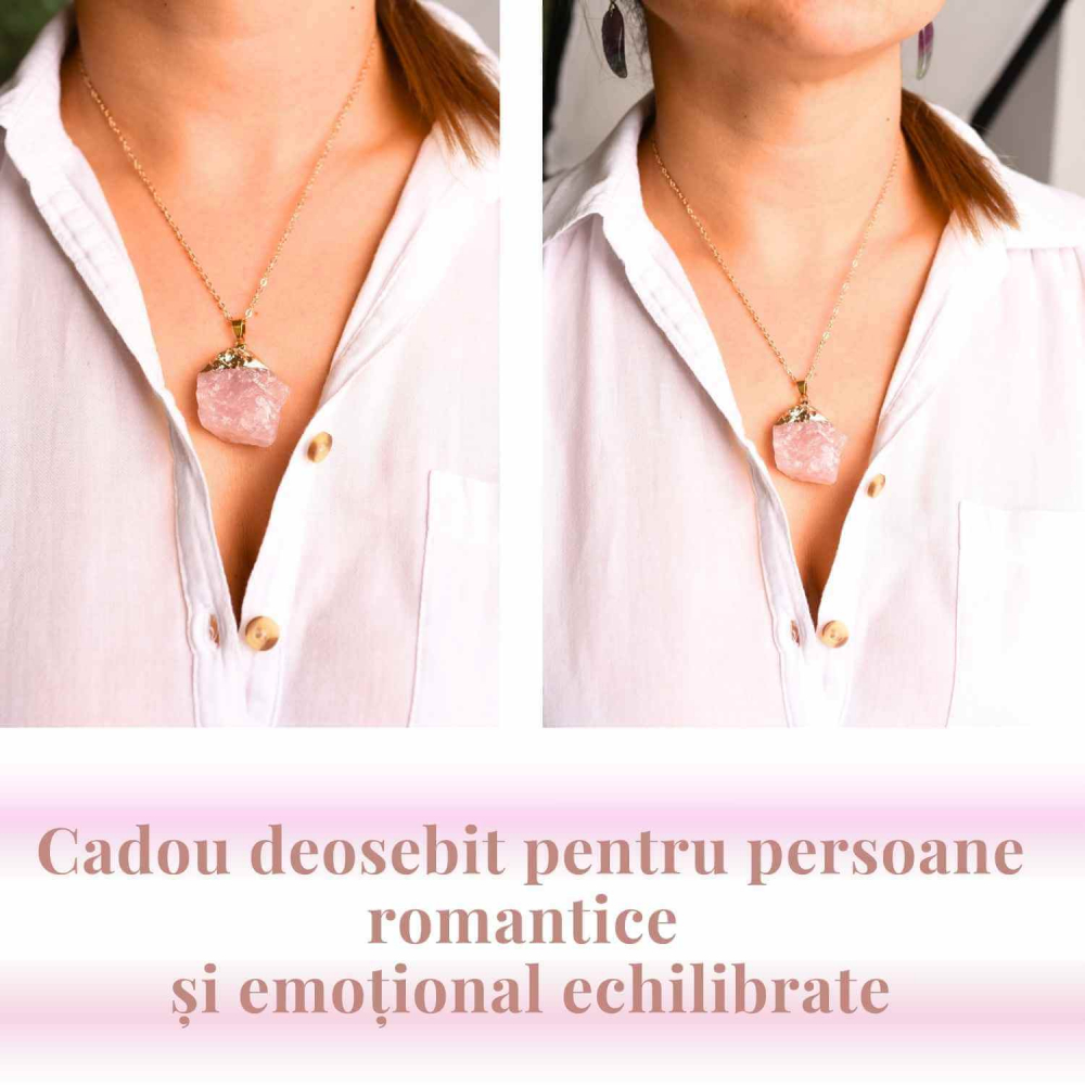 Colier auriu ajustabil cu pandantiv din Cuart Roz brut – Vindecare și Iubire [8]