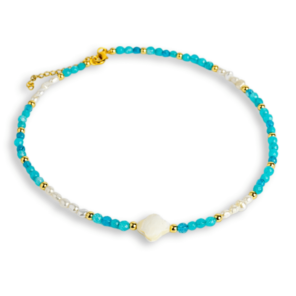 Colier tip choker cu pietre pentru pace interioara ,   Acvamarin, perle si simbol marin