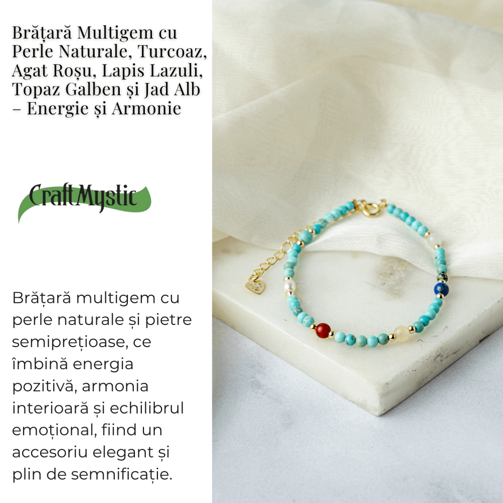 Bratara Multigem din Argint 925 Placat cu Aur – Turcoaz, Agat Rosu, Lapis Lazuli, Jad Alb, Topaz Galben si Perla Naturala – Energie Pozitiva si Armonie [7]