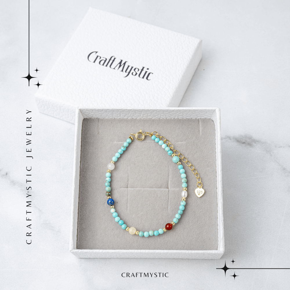 Bratara Multigem din Argint 925 Placat cu Aur – Turcoaz, Agat Rosu, Lapis Lazuli, Jad Alb, Topaz Galben si Perla Naturala – Energie Pozitiva si Armonie [3]