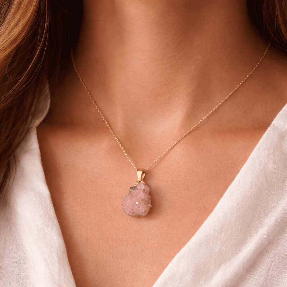 Colier cu Ametist Roz Natural – Lant Argint Placat Aur 18K – Piatra Bruta Brazilia [6]