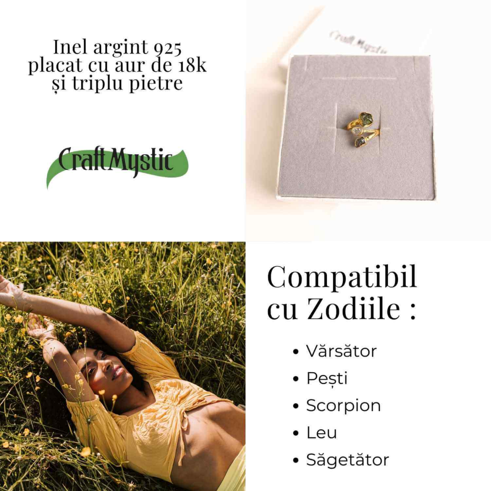 Inel argint 925 placat cu aur de 18k cu Moldavit, Meteorit si Palimer – Putere cosmica si claritate [2]