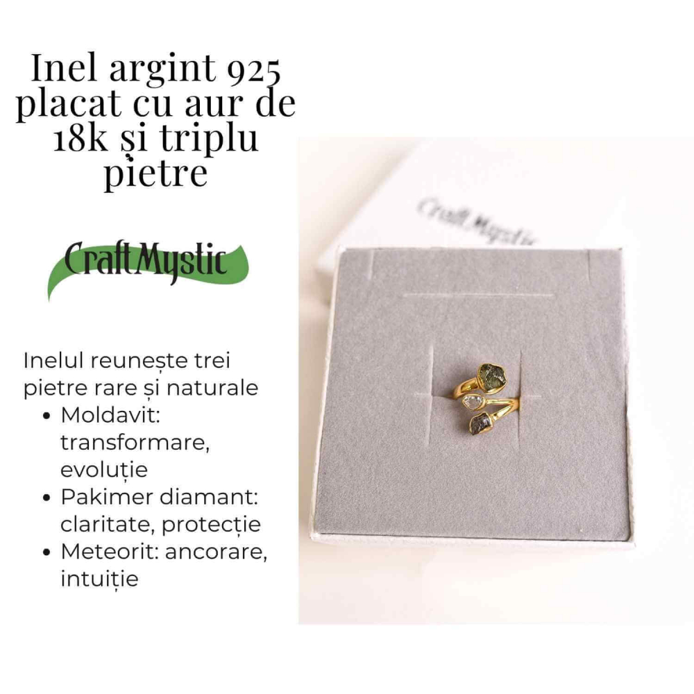 Inel argint 925 placat cu aur de 18k cu Moldavit, Meteorit si Palimer – Putere cosmica si claritate [4]