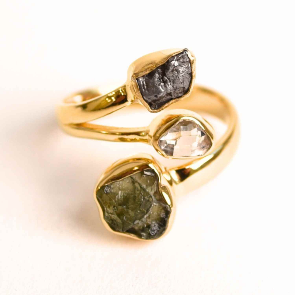 Inel argint 925 placat cu aur de 18k cu Moldavit, Meteorit si Diamant Pakimer marime 53 6.5  ,   Putere cosmica si claritate