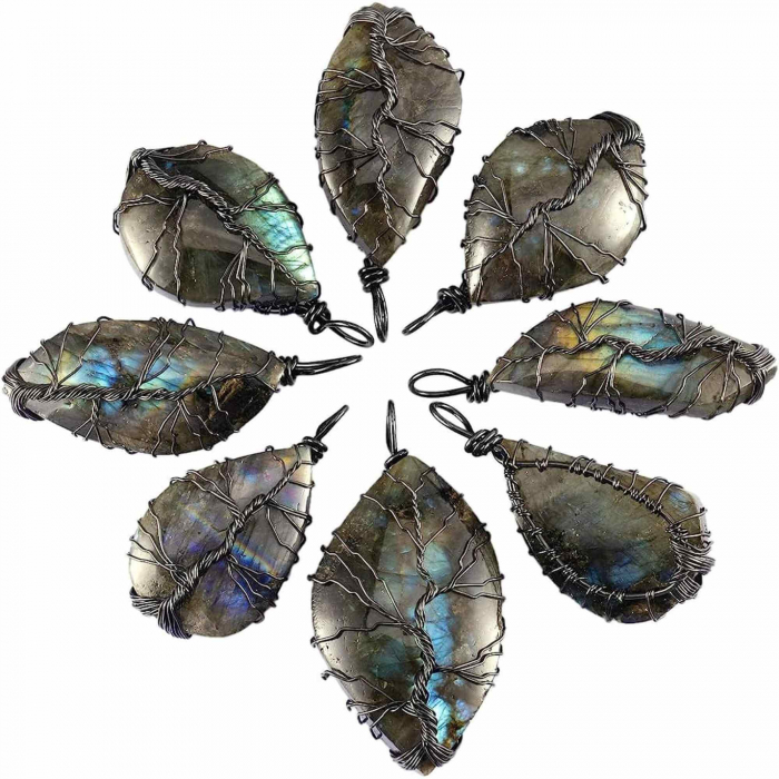 Colier cu pandantiv din labradorit natural pentru barbati si femei - Cristal neregulat lucrat manual, invelit cu sarma model arborele vietii - O piatra semipretioasa pentru meditatie, intuitie, imaginatie [5]
