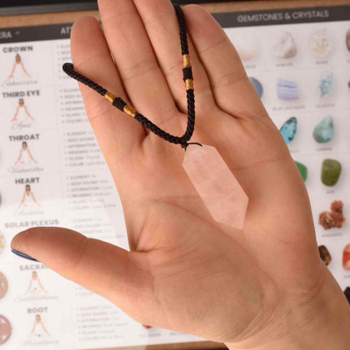 Colier cu cristal vindecator Obsidian 4-5 cm, in forma hexagonala cu dublu varf si saculet satin negru – pentru protectie, vointa si noroc [2]