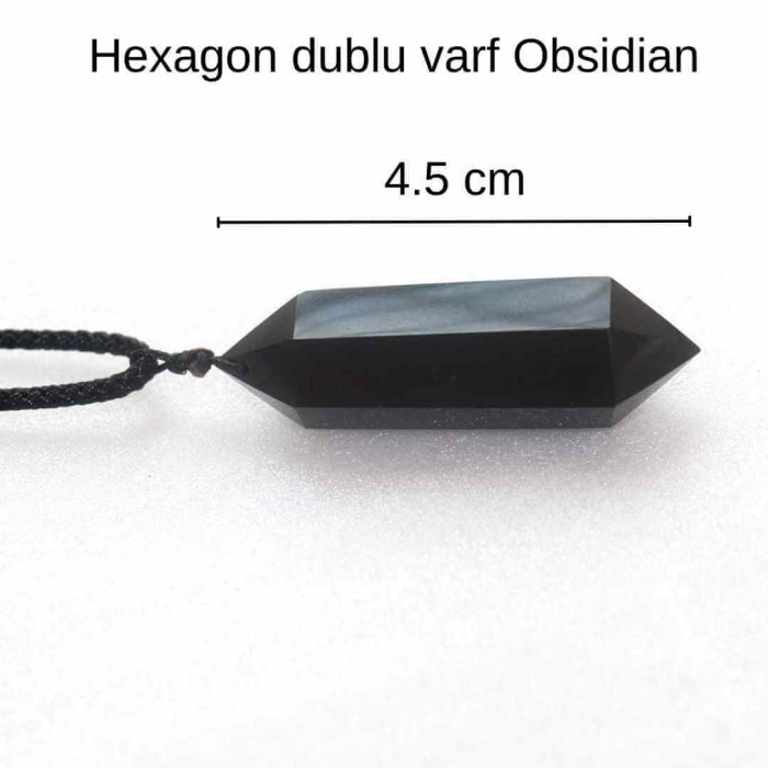 Colier cu cristal vindecator Obsidian 4-5 cm, in forma hexagonala cu dublu varf si saculet satin negru – pentru protectie, vointa si noroc [3]