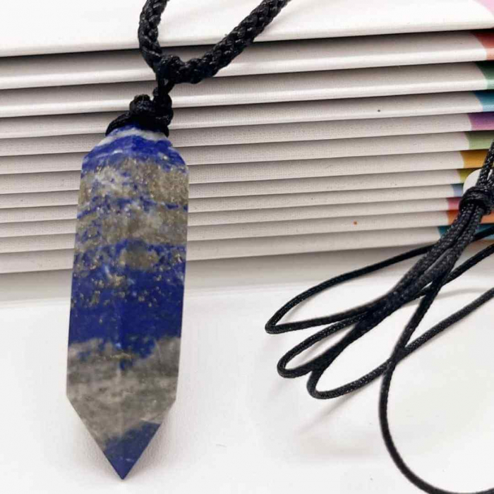 Colier cu cristal vindecator Obsidian 4-5 cm, in forma hexagonala cu dublu varf si saculet satin negru – pentru protectie, vointa si noroc [6]