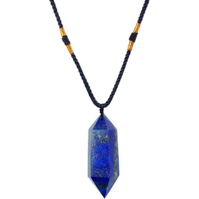 Colier cu cristal vindecator Lapis lazuli 4-5 cm, in forma hexagonala cu dublu varf si saculet satin negru , pentru protectie, vointa si noroc