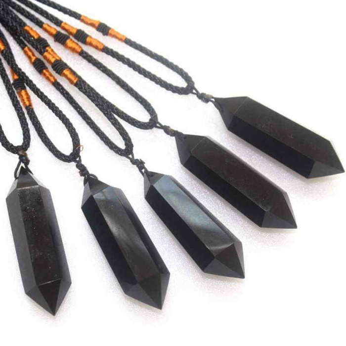 Colier cu cristal vindecator Obsidian 4-5 cm, in forma hexagonala cu dublu varf si saculet satin negru – pentru protectie, vointa si noroc [2]