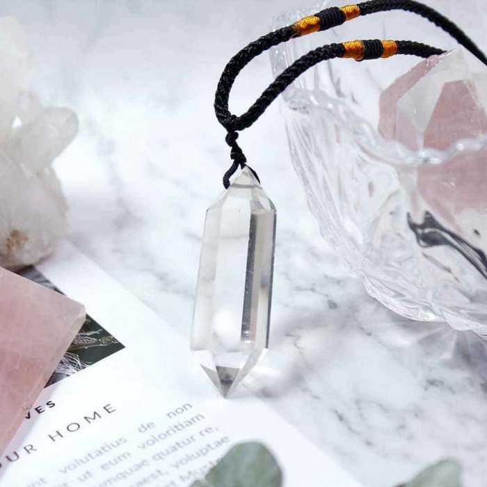 Colier cu cristal vindecator Obsidian 4-5 cm, in forma hexagonala cu dublu varf si saculet satin negru – pentru protectie, vointa si noroc [4]