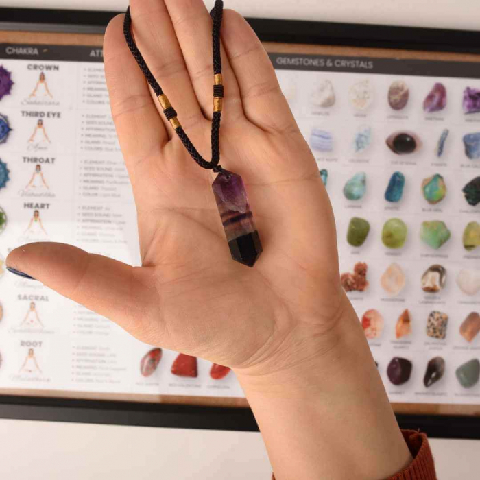 Colier cu cristal vindecator Obsidian 4-5 cm, in forma hexagonala cu dublu varf si saculet satin negru – pentru protectie, vointa si noroc [2]