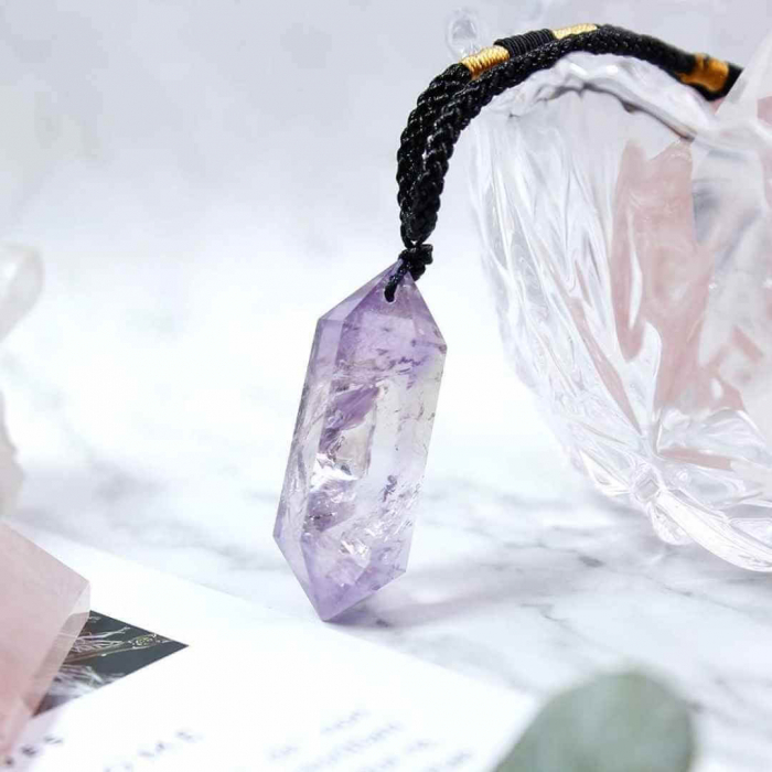 Colier cu cristal vindecator Obsidian 4-5 cm, in forma hexagonala cu dublu varf si saculet satin negru – pentru protectie, vointa si noroc [4]