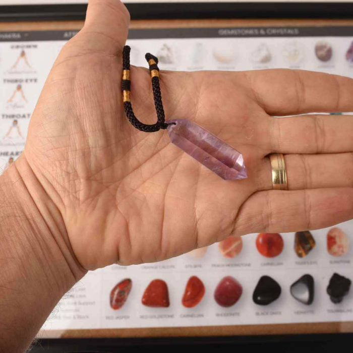 Colier cu cristal vindecator Obsidian 4-5 cm, in forma hexagonala cu dublu varf si saculet satin negru – pentru protectie, vointa si noroc [2]