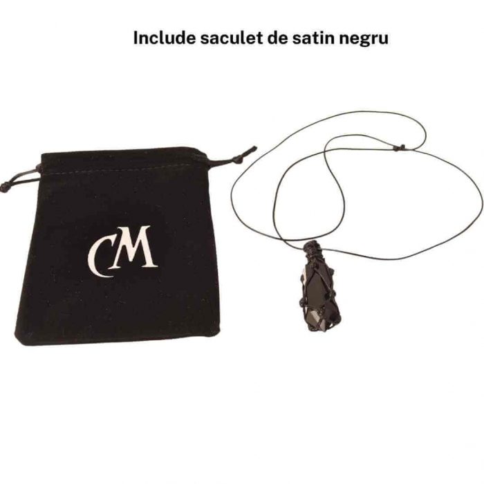 Colier cu cristal vindecator Obsidian Negru, in forma hexagonala dublu varf, infasurat intr-o plasa de franghie neagra ajustabila – pentru protectie, stabilitate si armonie [5]