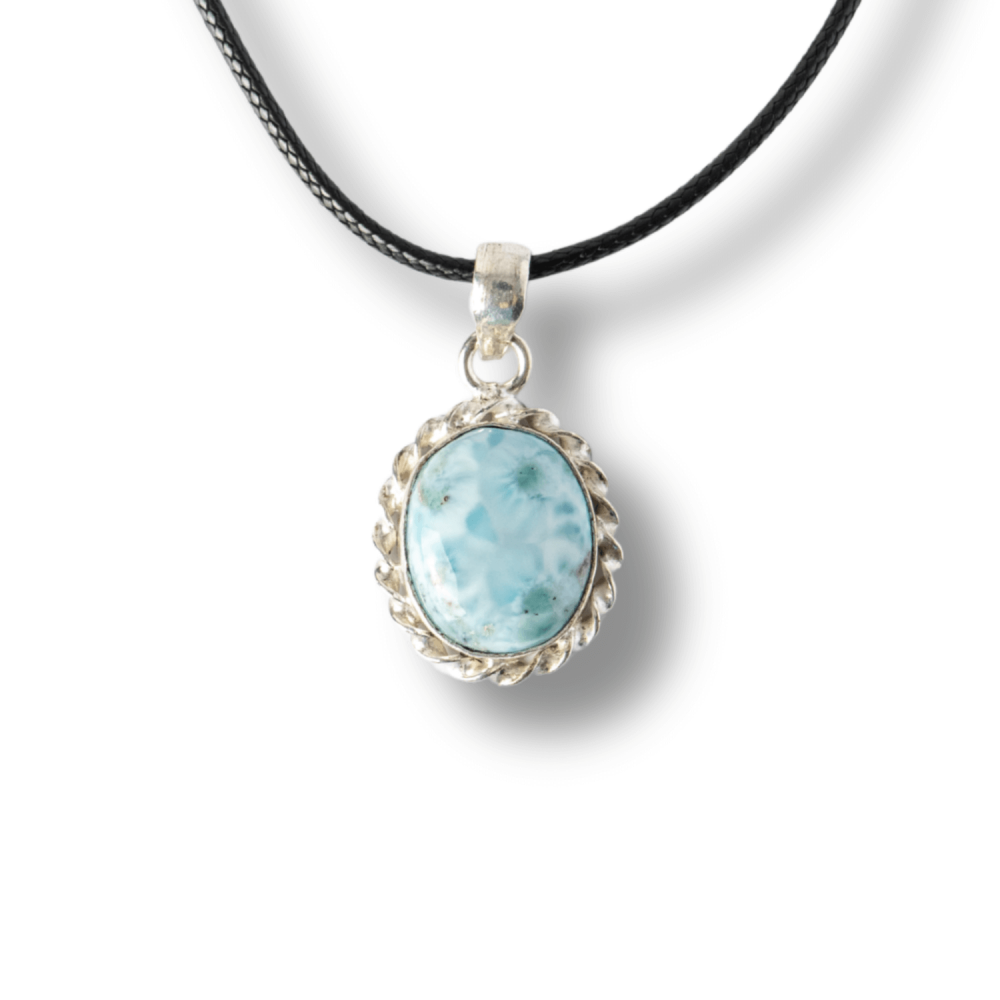 Colier Argintiu cu Larimar Natural Oval Rotund ,   Liniste si Conexiune Spirituala