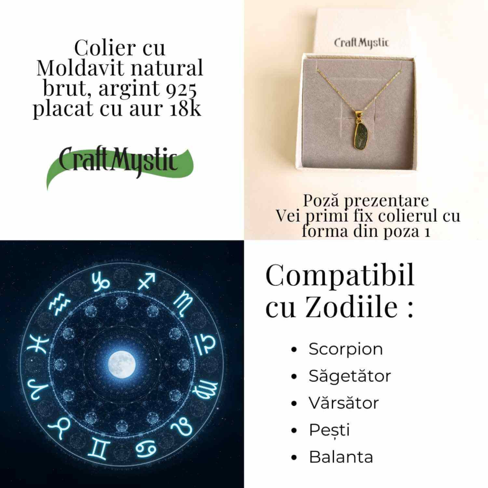 Colier Argint 925 placat cu Aur 18k cu Moldavit natural 3.28 gr 16x13 mm – transformare, protectie, energie cosmica [4]
